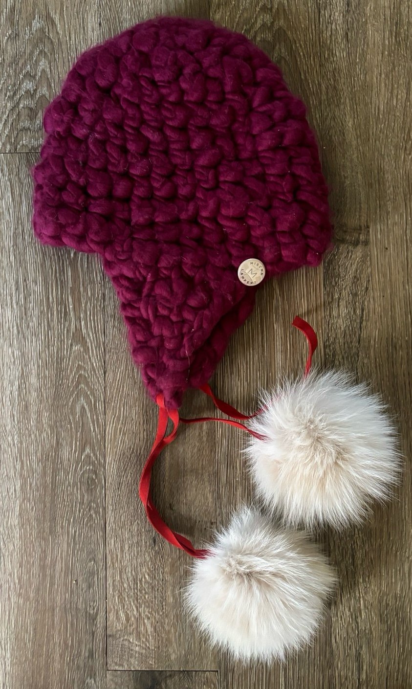 MISCHA LAMPERT Maroon Trapper Hat Fur Pom Poms Handspun Wool Heavy Winter Hat