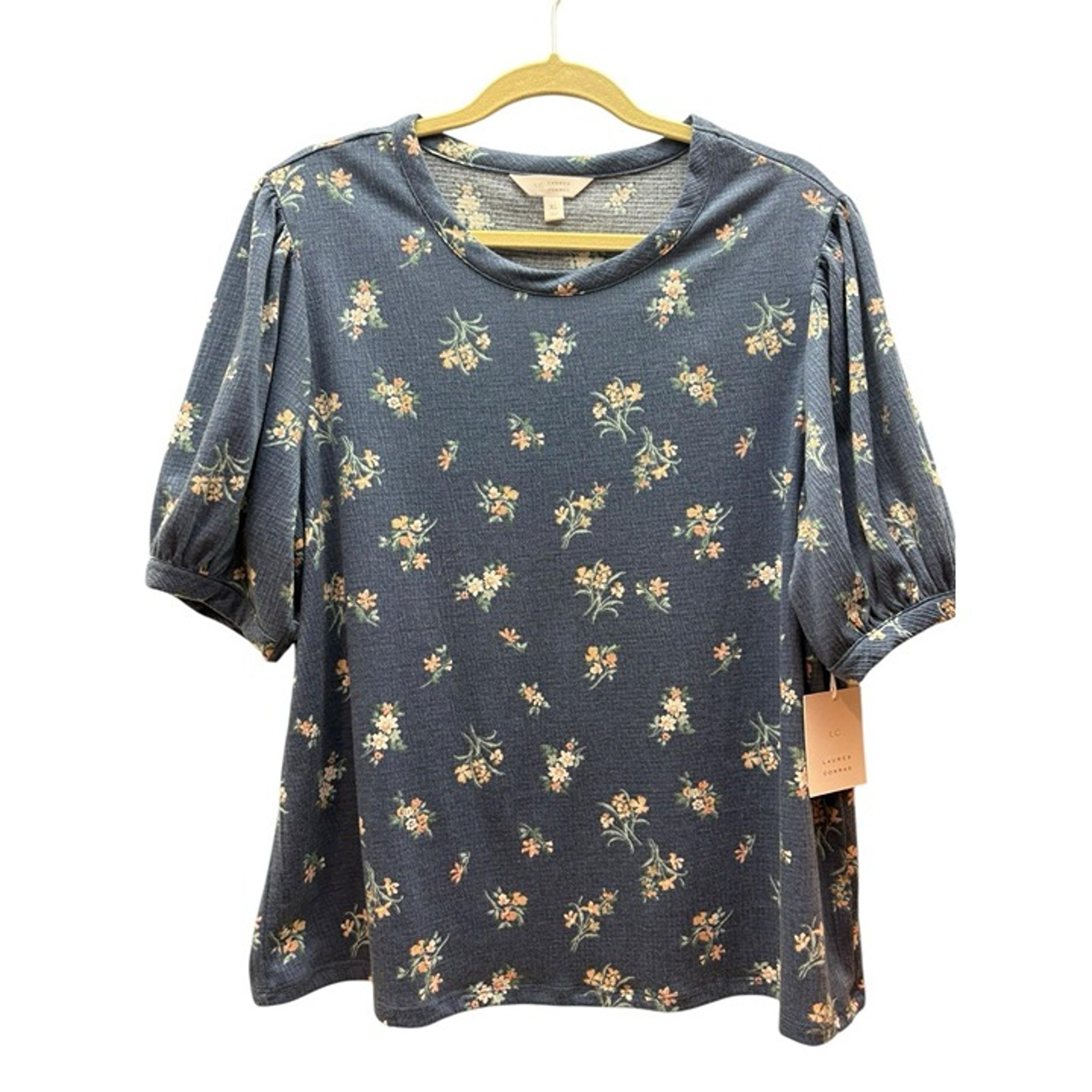 Lauren Conrad Women's XL Short Sleeve Blue Floral Pullover Shirt NWT