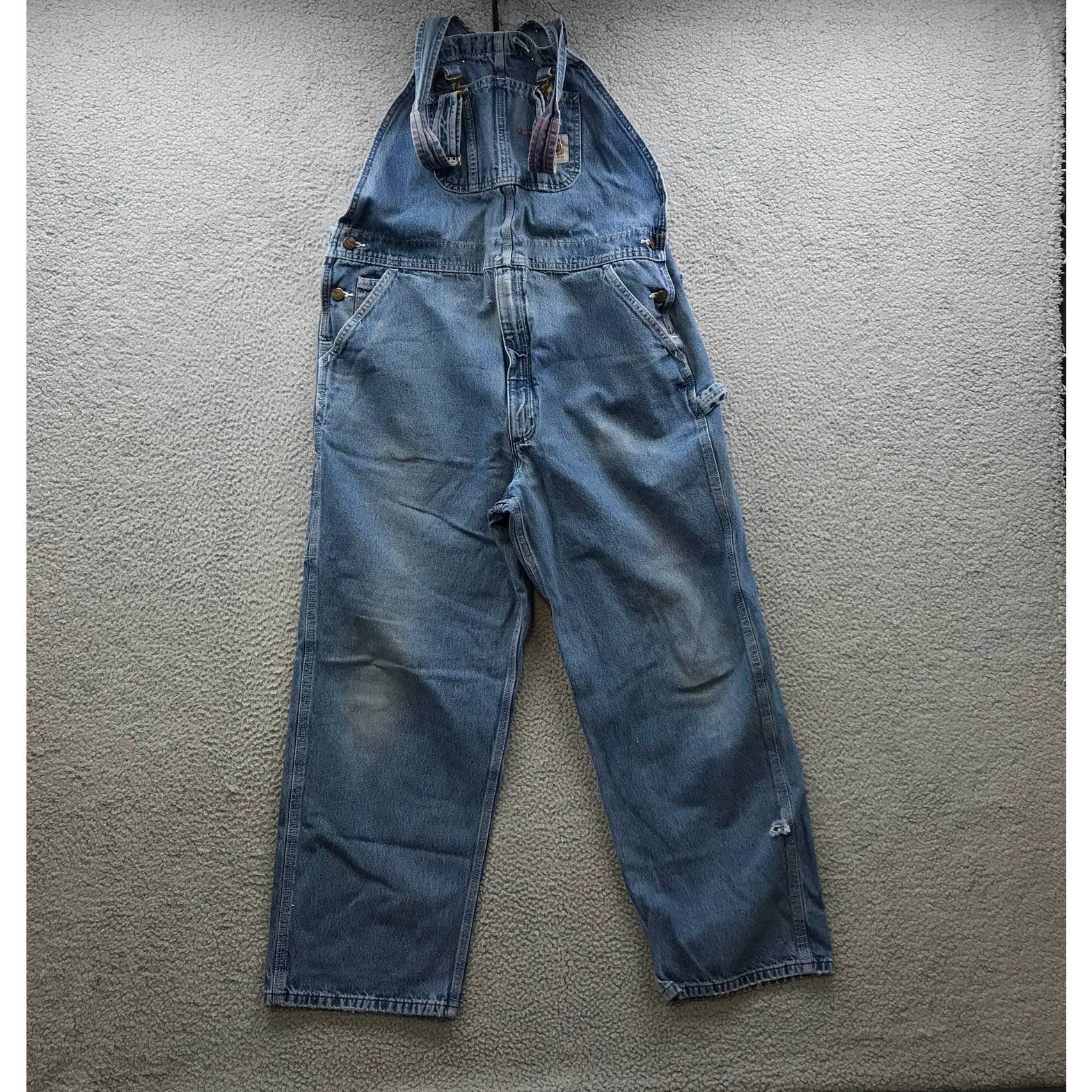 Carhartt Bib Overall Pants Men 42X30 Unlined Washed Denim R07 DST Darkstone Blue