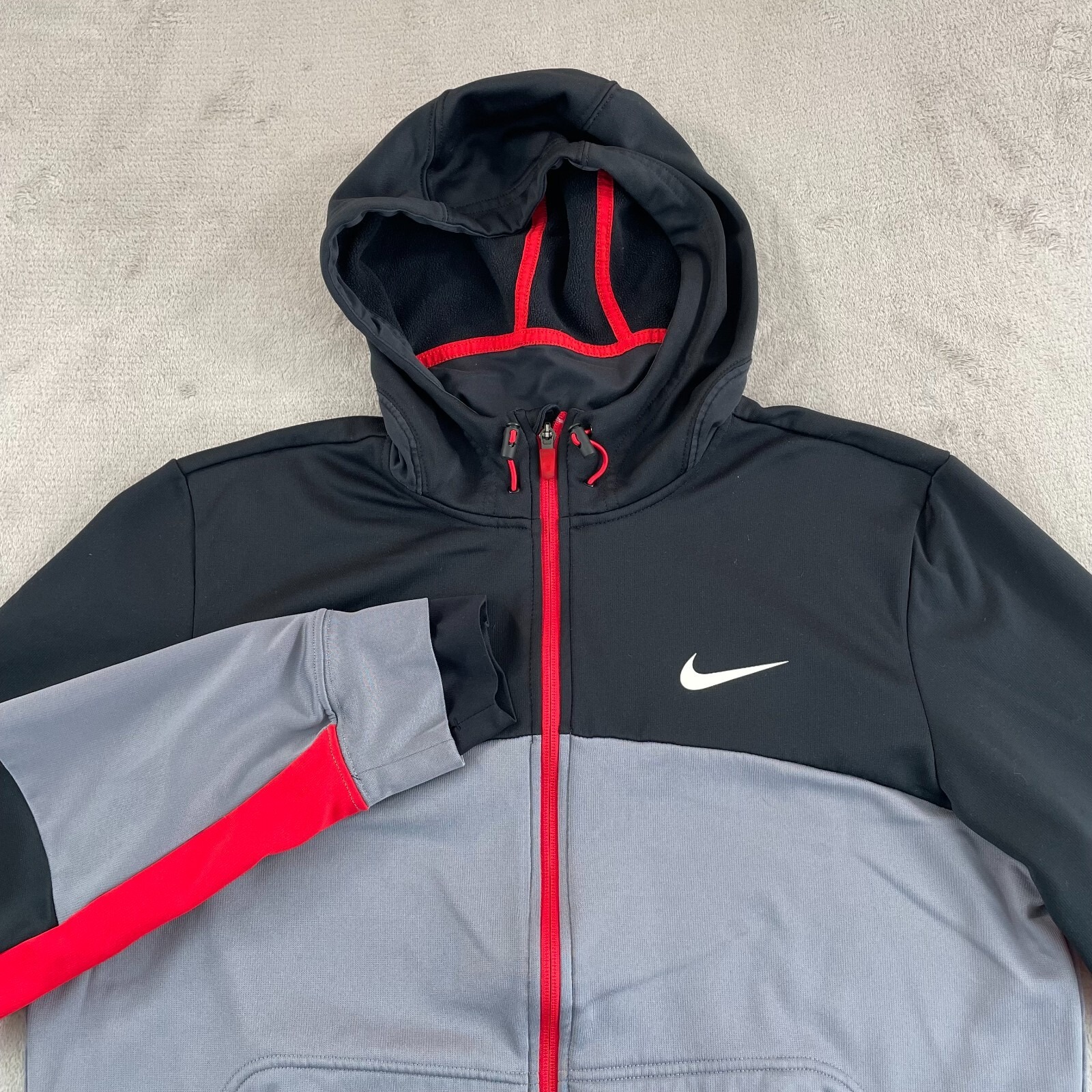 Nike Therma Fit Hoodie Men Large Grey Black ColorBlock Swoosh Full Zip Active