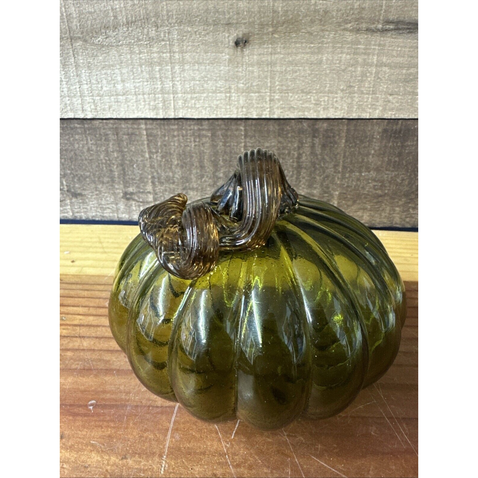 Art Glass Green Pumpkin Brown Swirl Stem Decorative Fall Halloween Thanksgiving