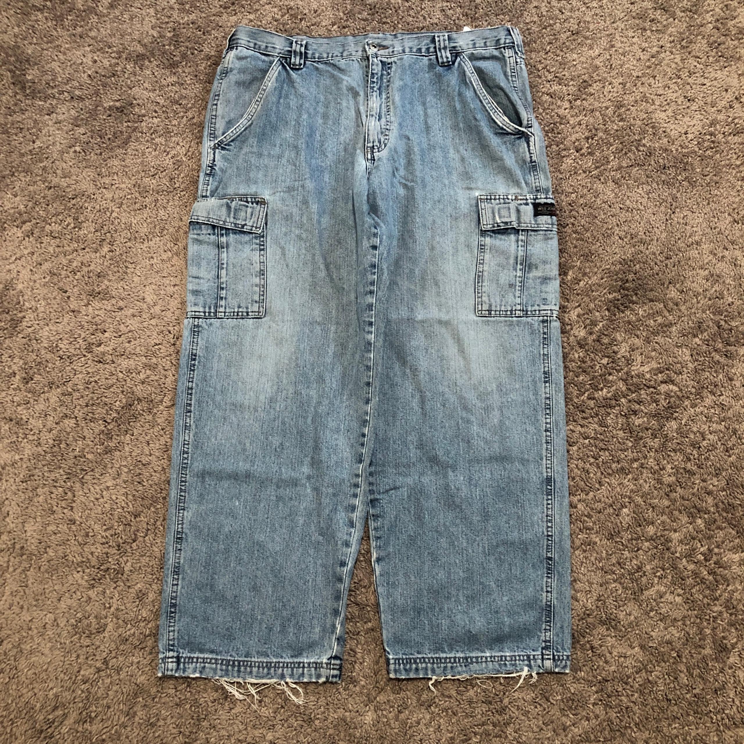 Vintage Wrangler Baggy Cargo Jeans Men Size 36x30 Light Wash Blue Distressed Y2K
