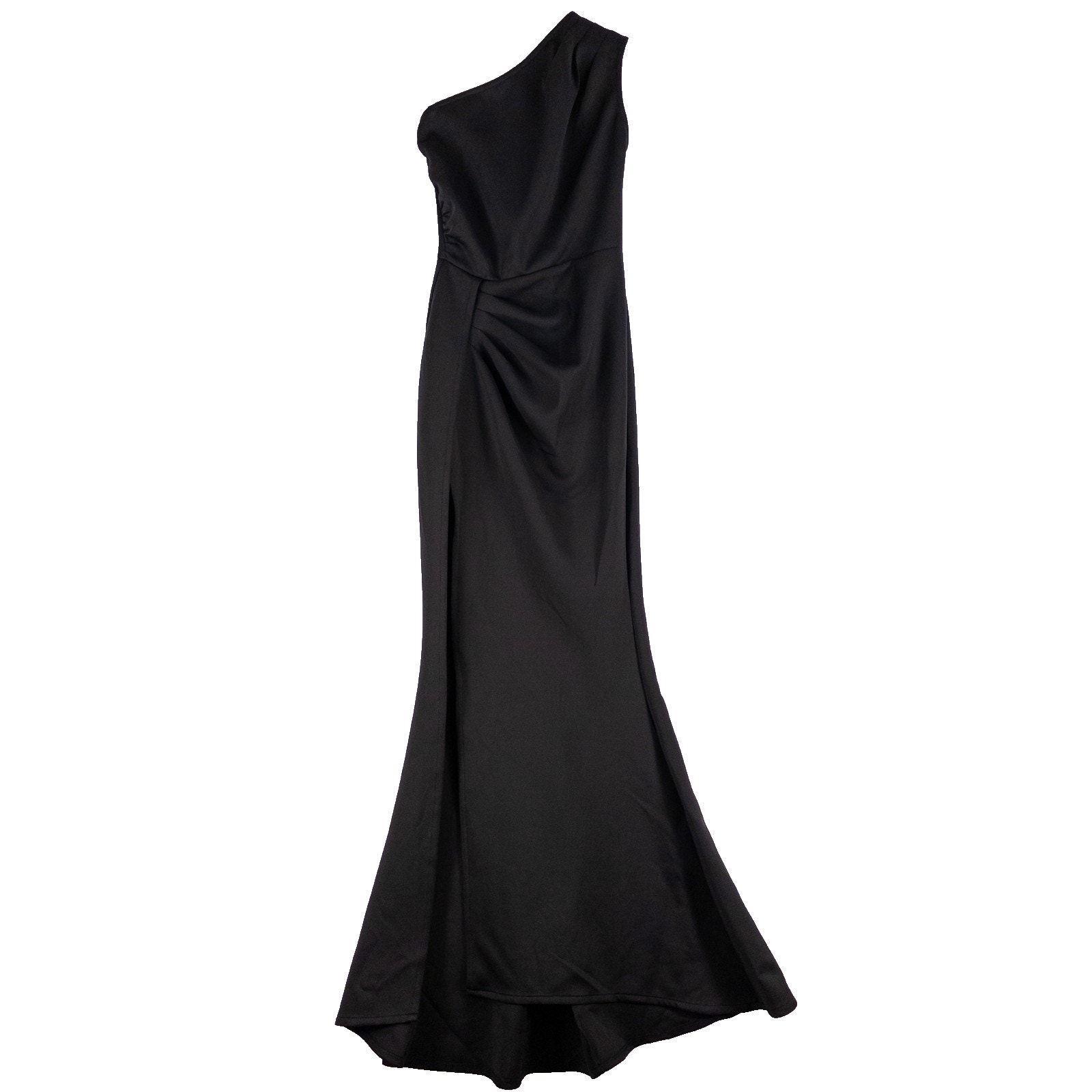 Adyce Black Formal One Shoulder Satin Dress Gown High Front Slit XS Prom