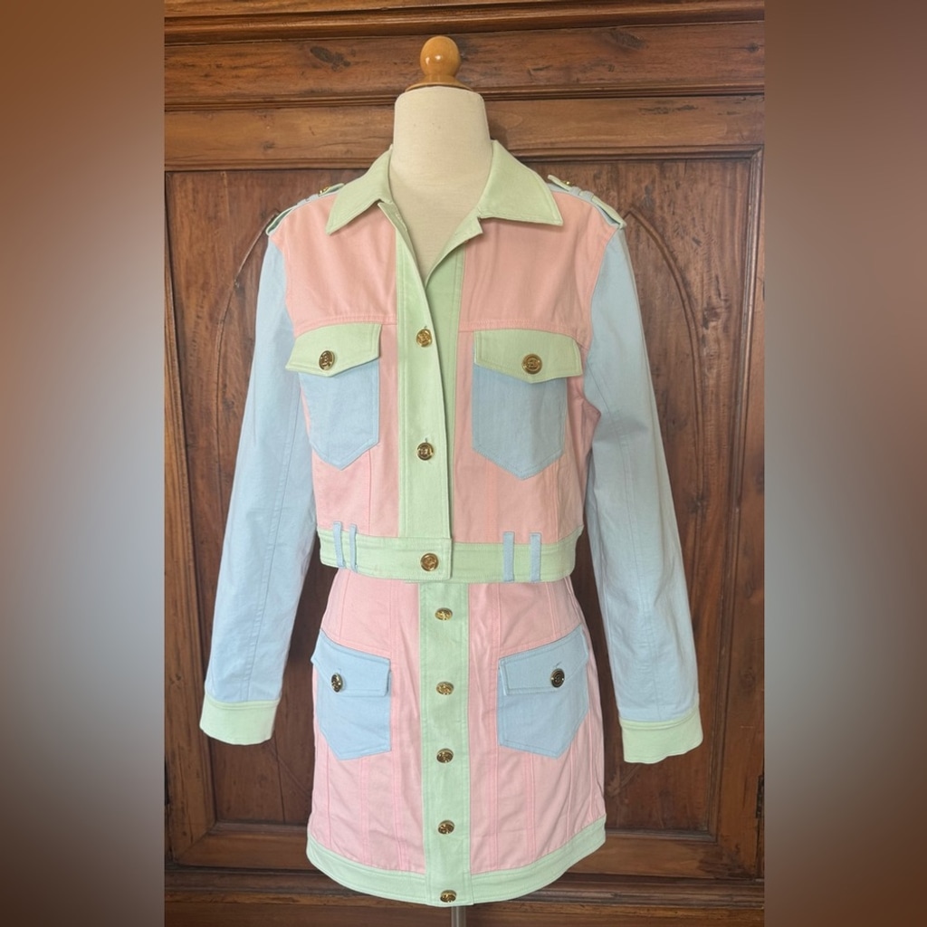 Colorblock Denim Jacket Skirt Set spring colors