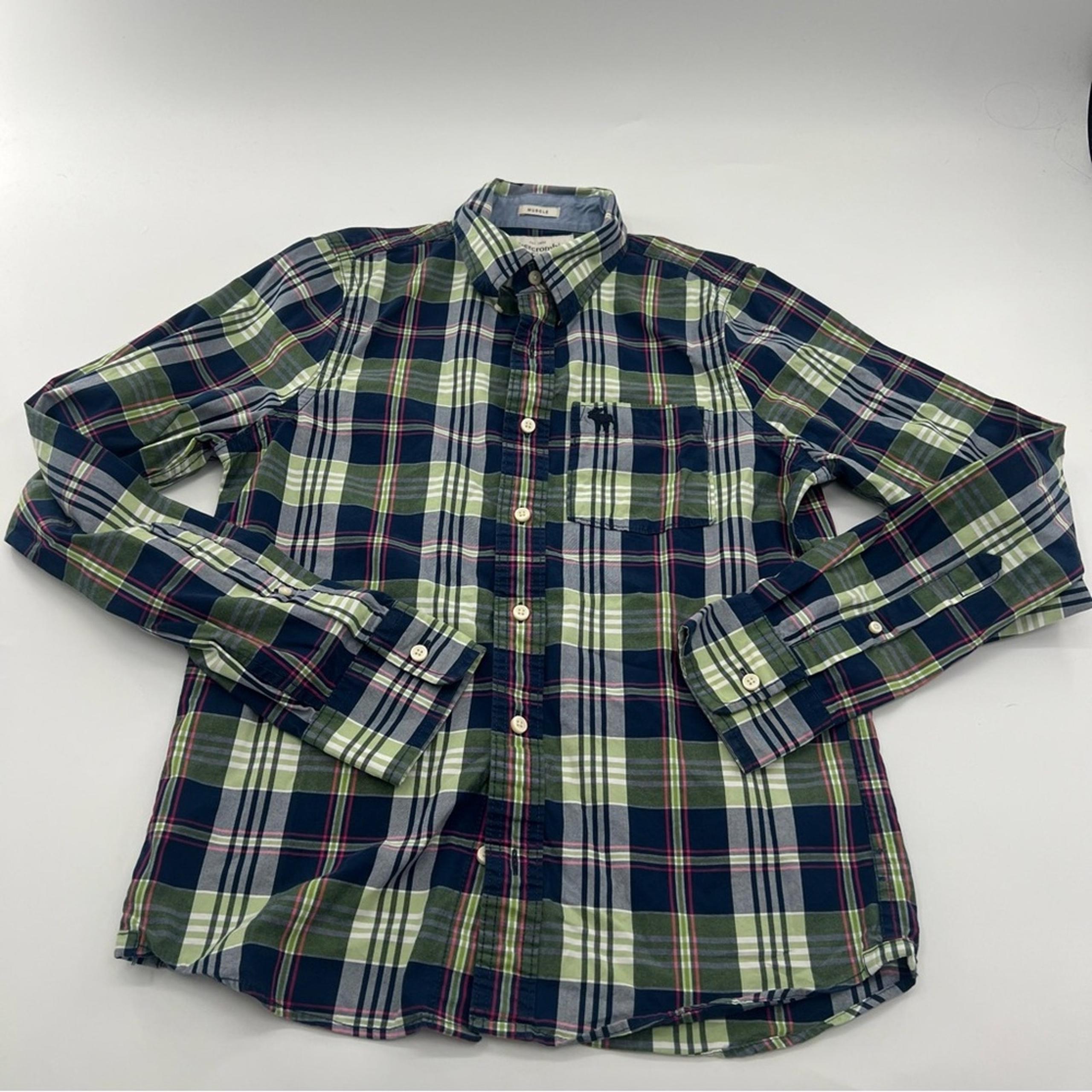 Abercrombie & Fitch Muscle Plaid Button Down Shirt Men’s Blue Green Preppy Y2K