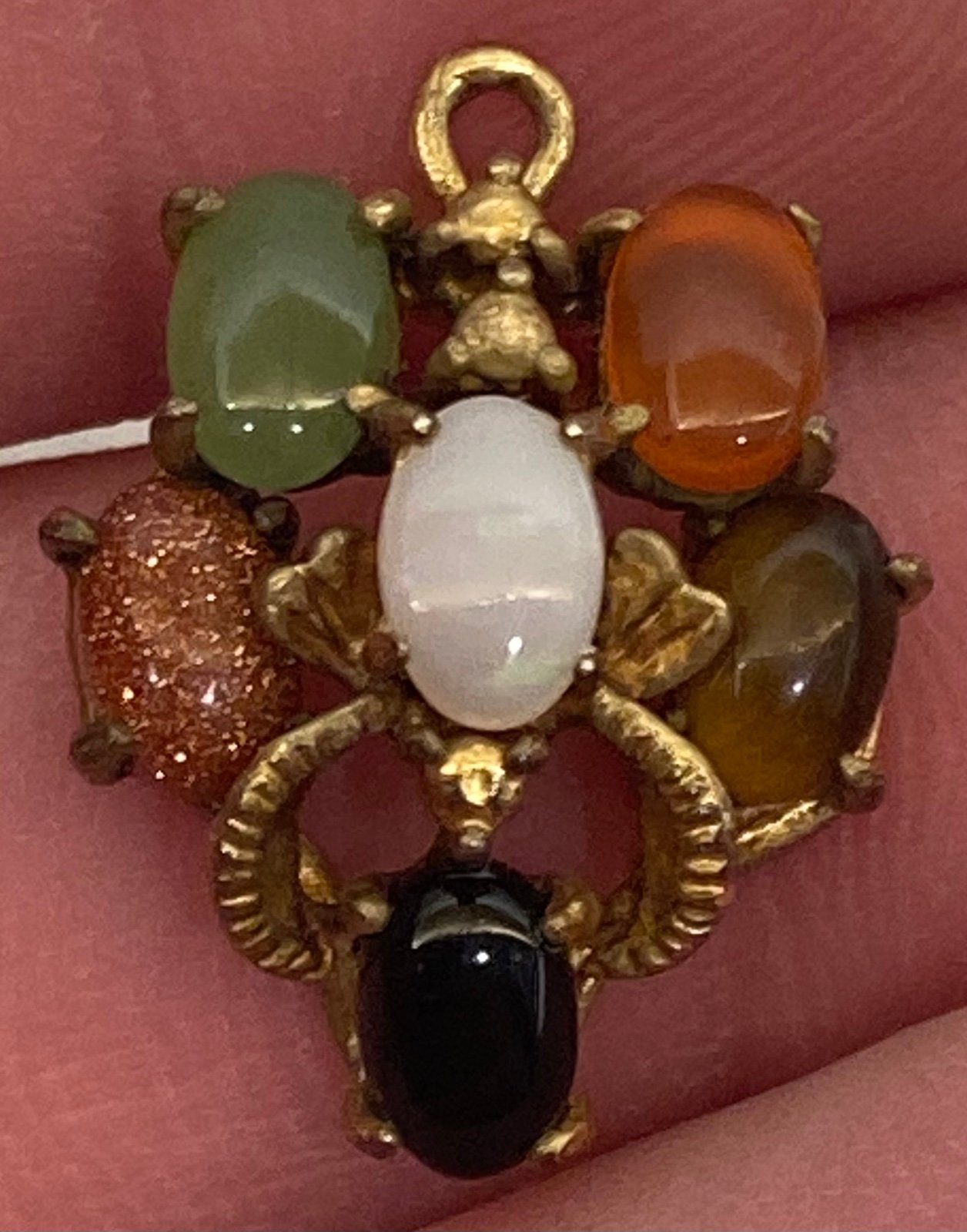Early 1900s Vintage Pendant Multiple Stones Jade, Eye Of Tiger & More! Very Rare