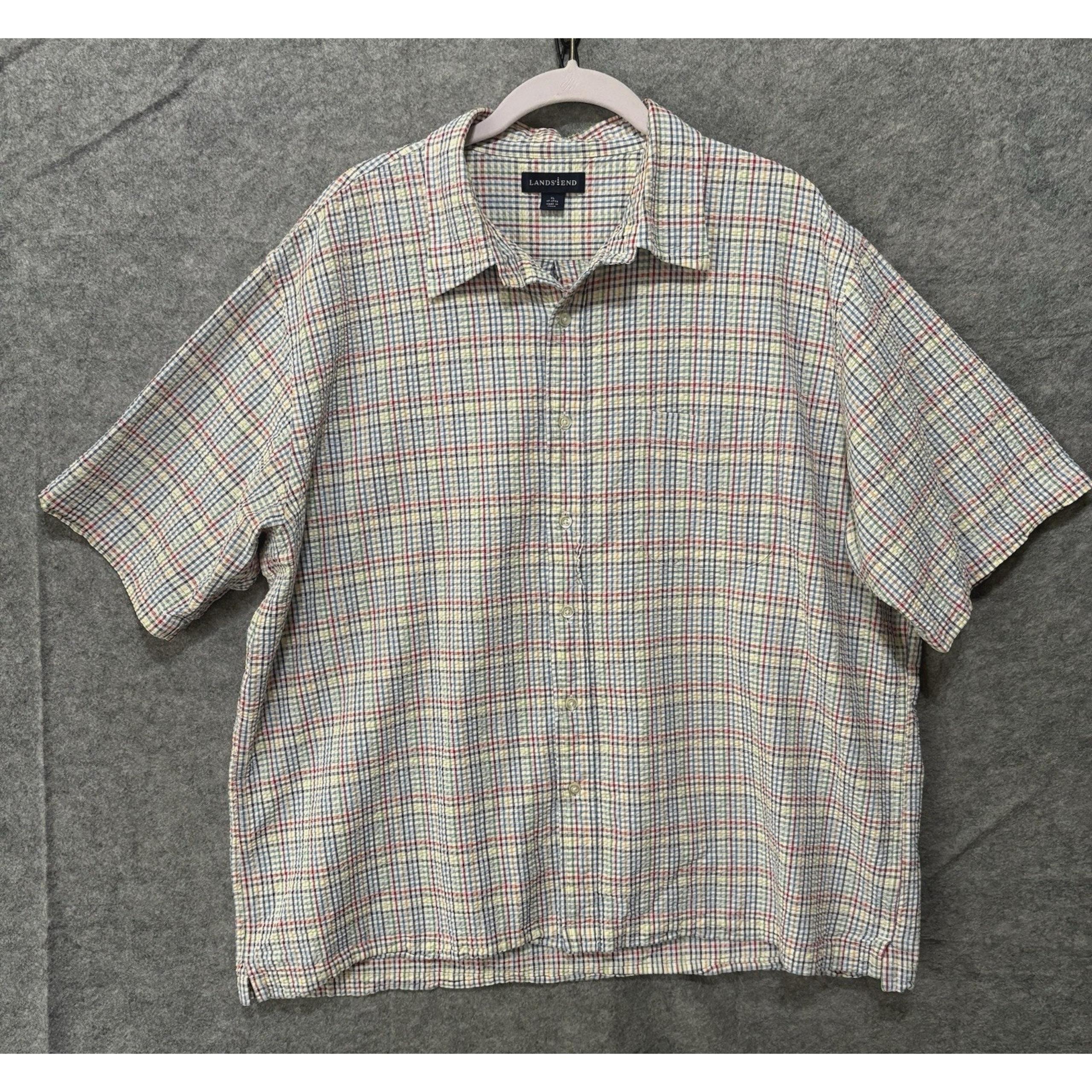 Lands End Seersucker Shirt Mens Sz XL Blue Red Yellow Plaid Pocket Lightweight