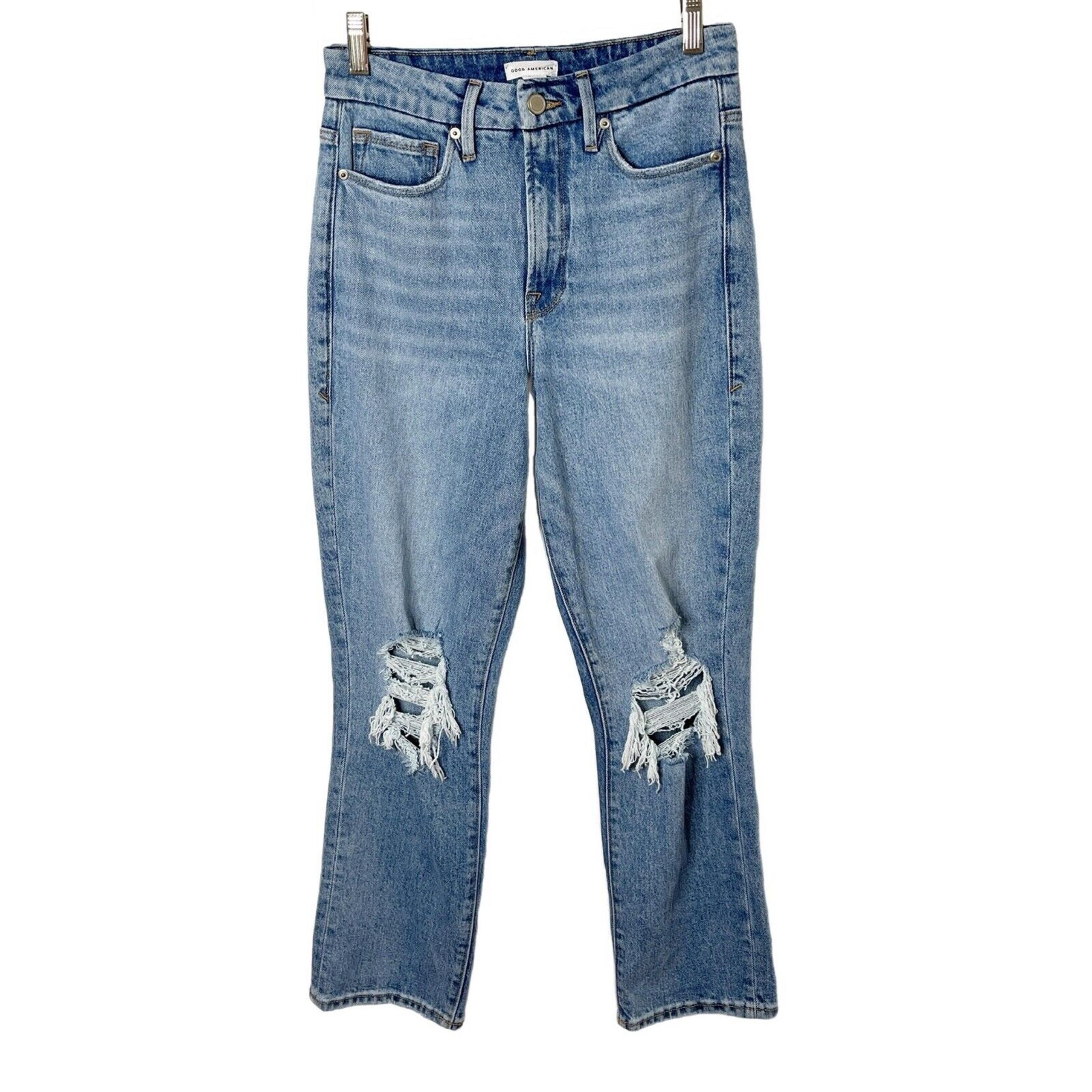 Good American Good Boy Destructed Womens Jeans 2/26 Distressed Indigo Light Wash