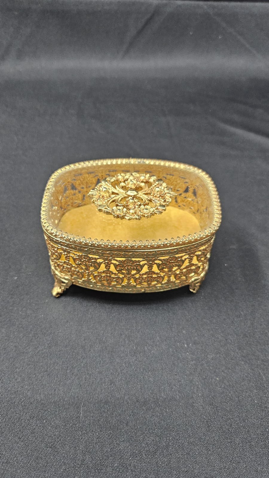 Vintage Gold Ormolu? Trinket Jewelry Box Beveled Glass Footed Hollywood Regency