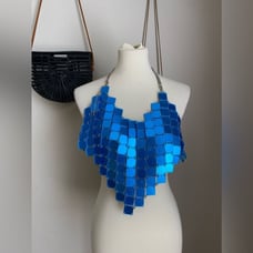 Rhombic Blue Squared Sequin Glisten Halter Top