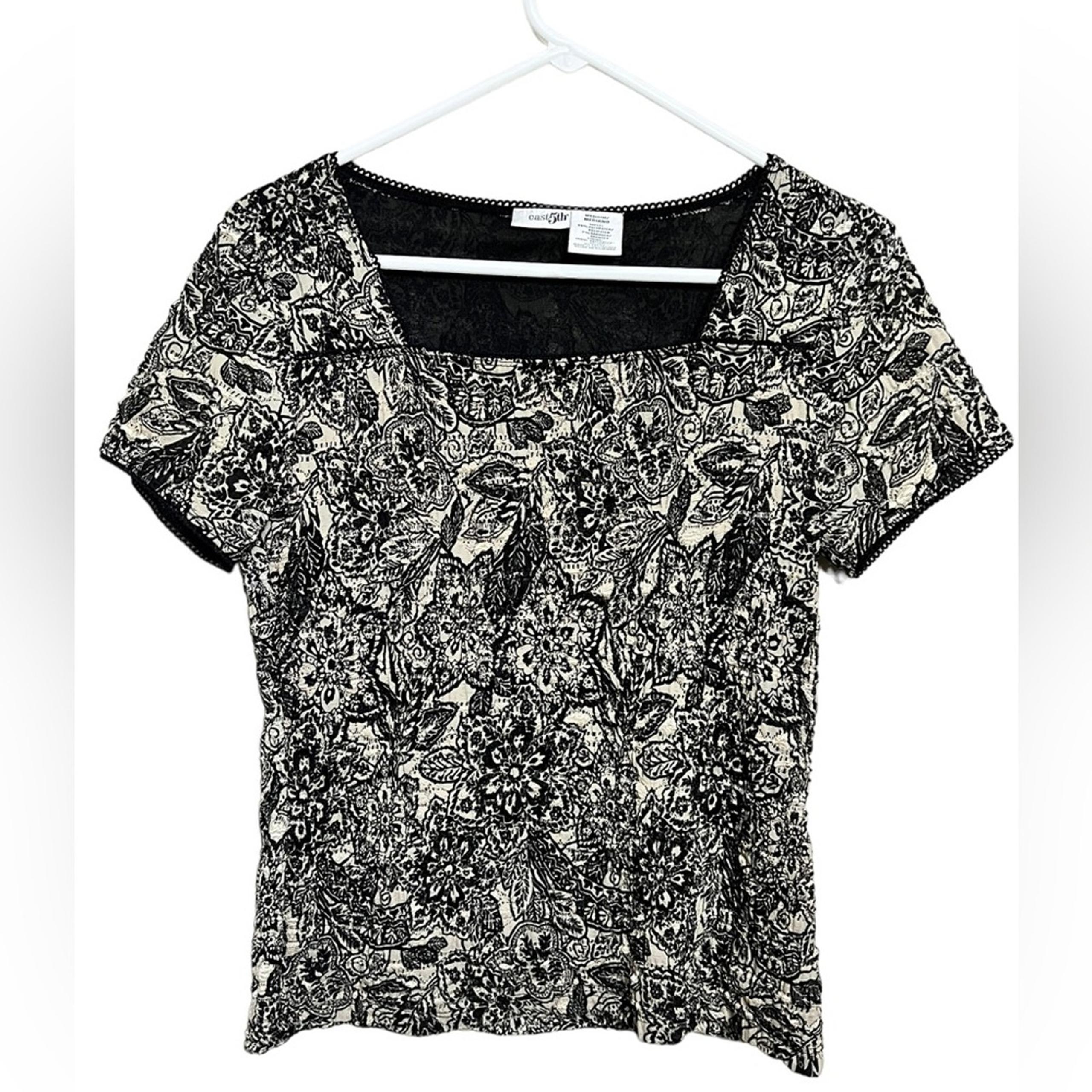 East 5th Womens  Blouse Size Medium Square Neck Black Gold Paisley Boxy