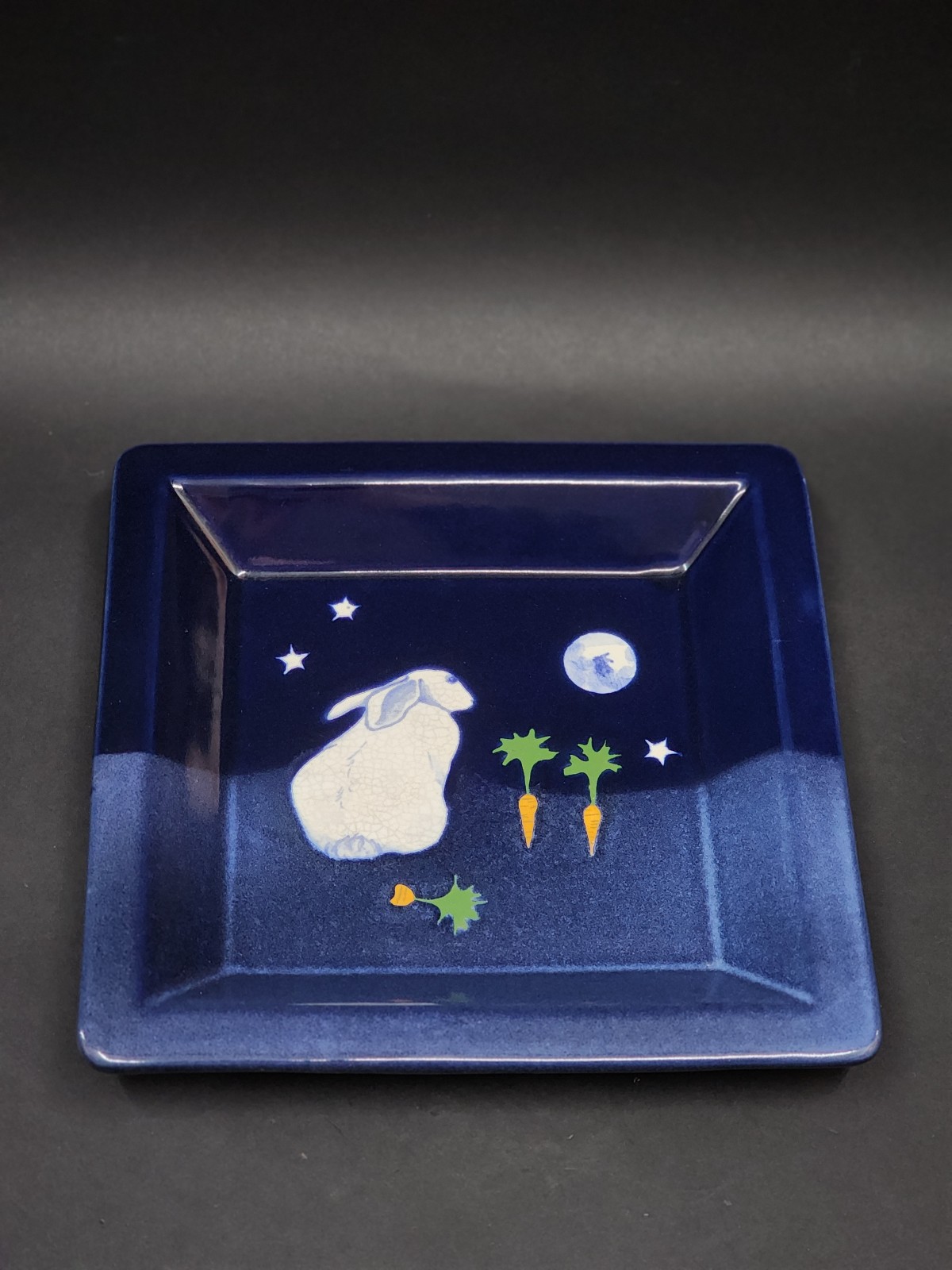 Karen Howell Pottery Legend of the Rabbit Moon Plate Dish Cobalt Blue Bunny 1987