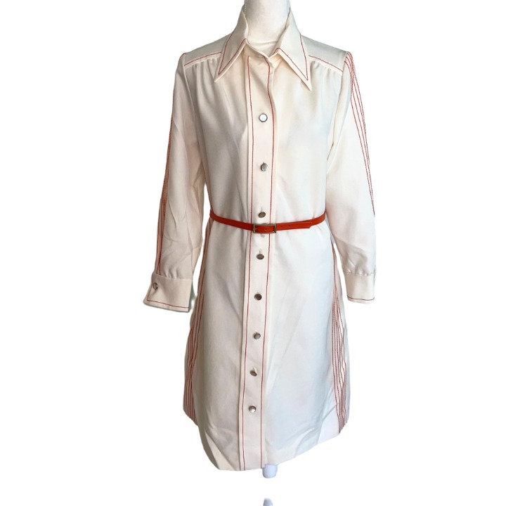 Fred Rothschild Womens Shirt Dress Cream Orange Size Large L Vintage 70s Belt