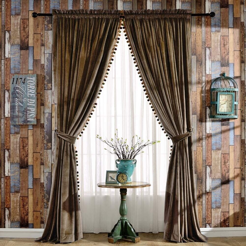Melodieux Luxury Pom Poms Velvet Blackout Lined Curtains Thermal Insulated Rod
