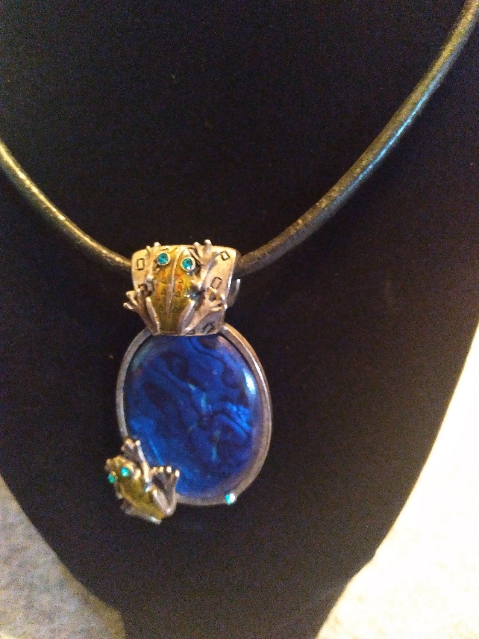 Frog Pendant Necklace Blue Stone Cabochon Silver Tone Adjustable Chain