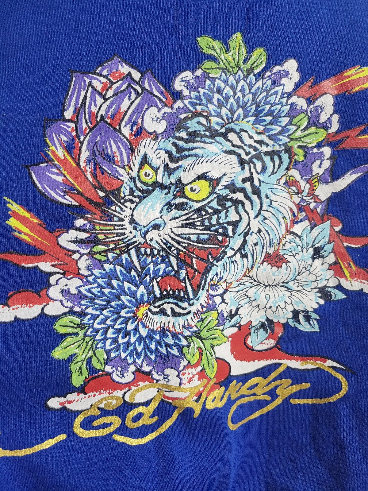Ed Hardy White Tiger Logo Royal Blue Cropped Hoodie Sweatshirt Sz M Womens