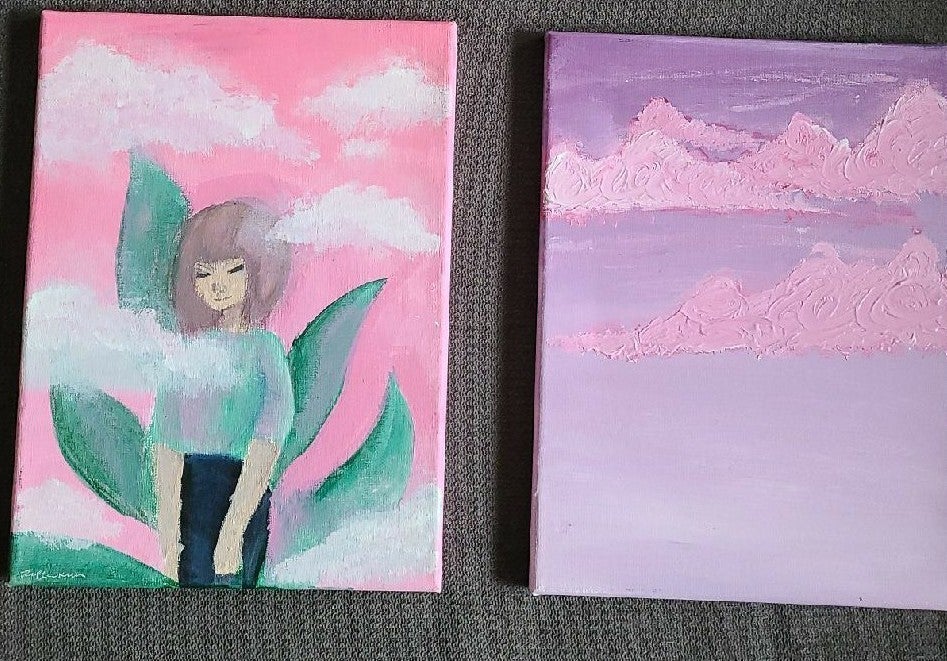 Canvas paintings, acrylic, girl & clouds