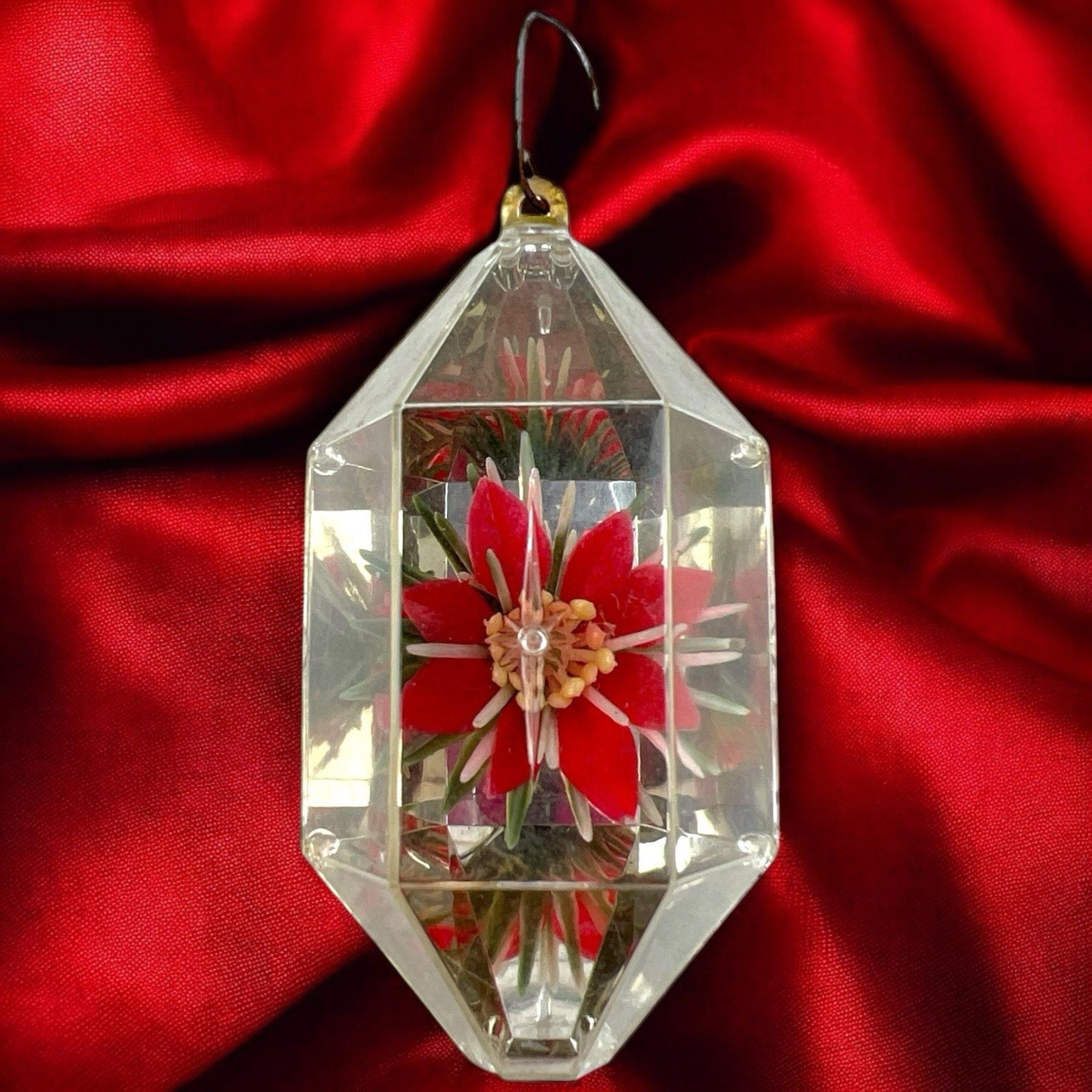 Mid Century Jewel Brite Poinsettia 3D Diorama Christmas Ornament Vintage 1960's - American Vintage