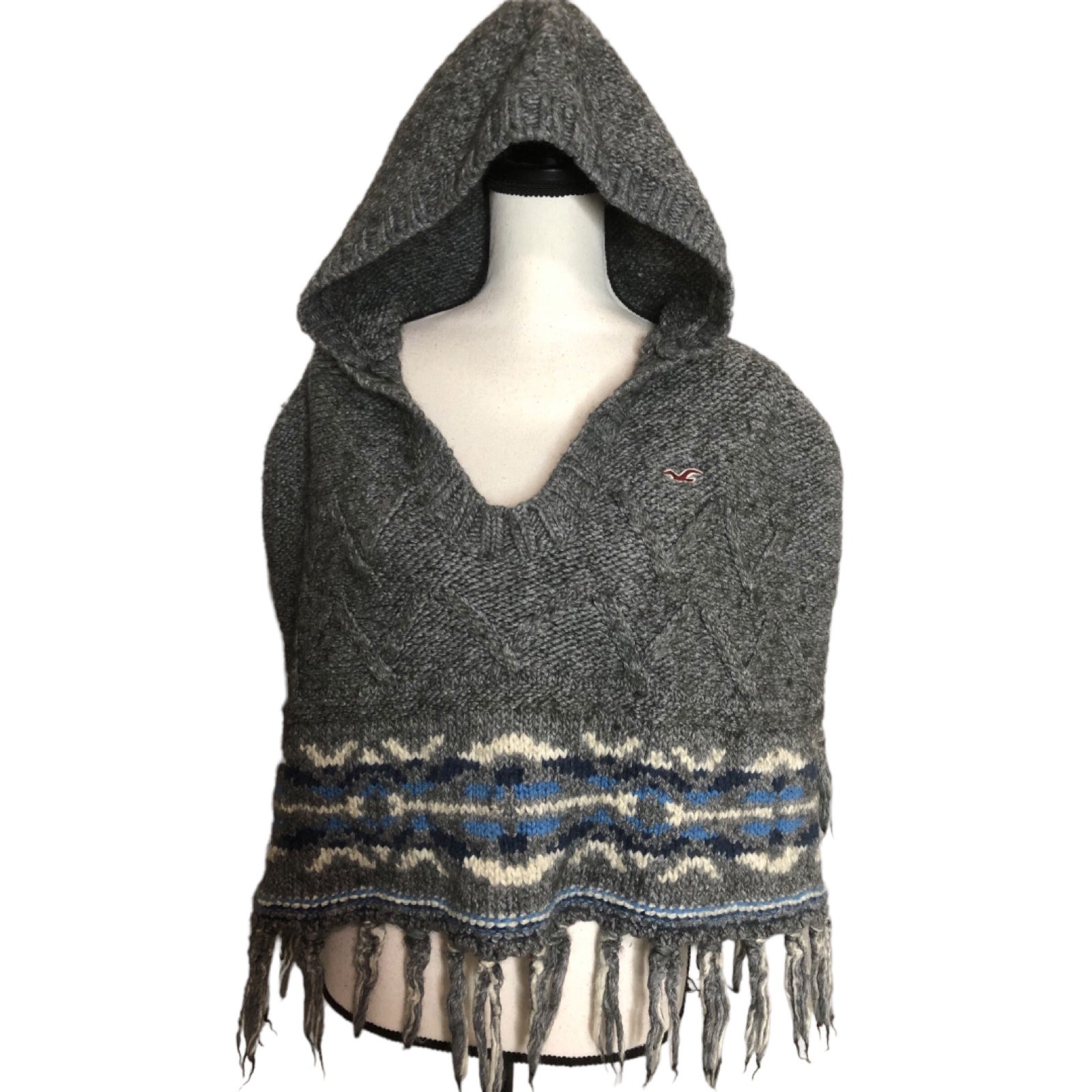 Hollister Hooded Grey Wool Poncho Sz M/L