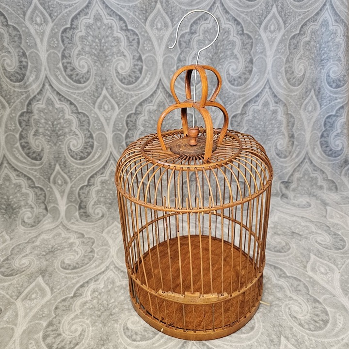 MCM 50s 60s Ornate Bamboo Rattan Hanging Birdcage Round Carved Boho Decor Brown
