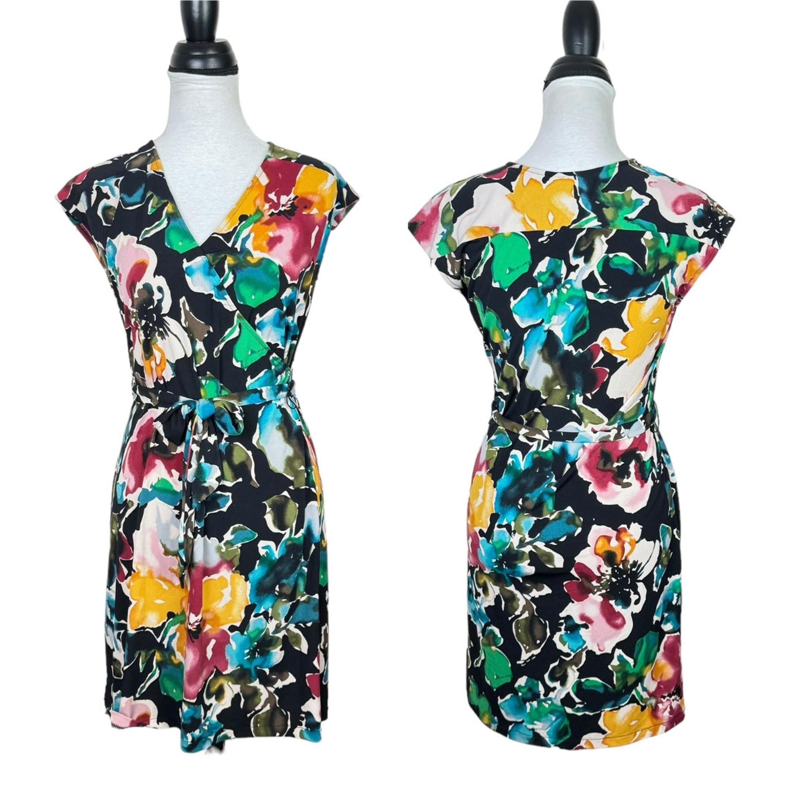 Daisy Fuentes Watercolor Floral Faux Wrap Belted Knee Length Jersey Dress