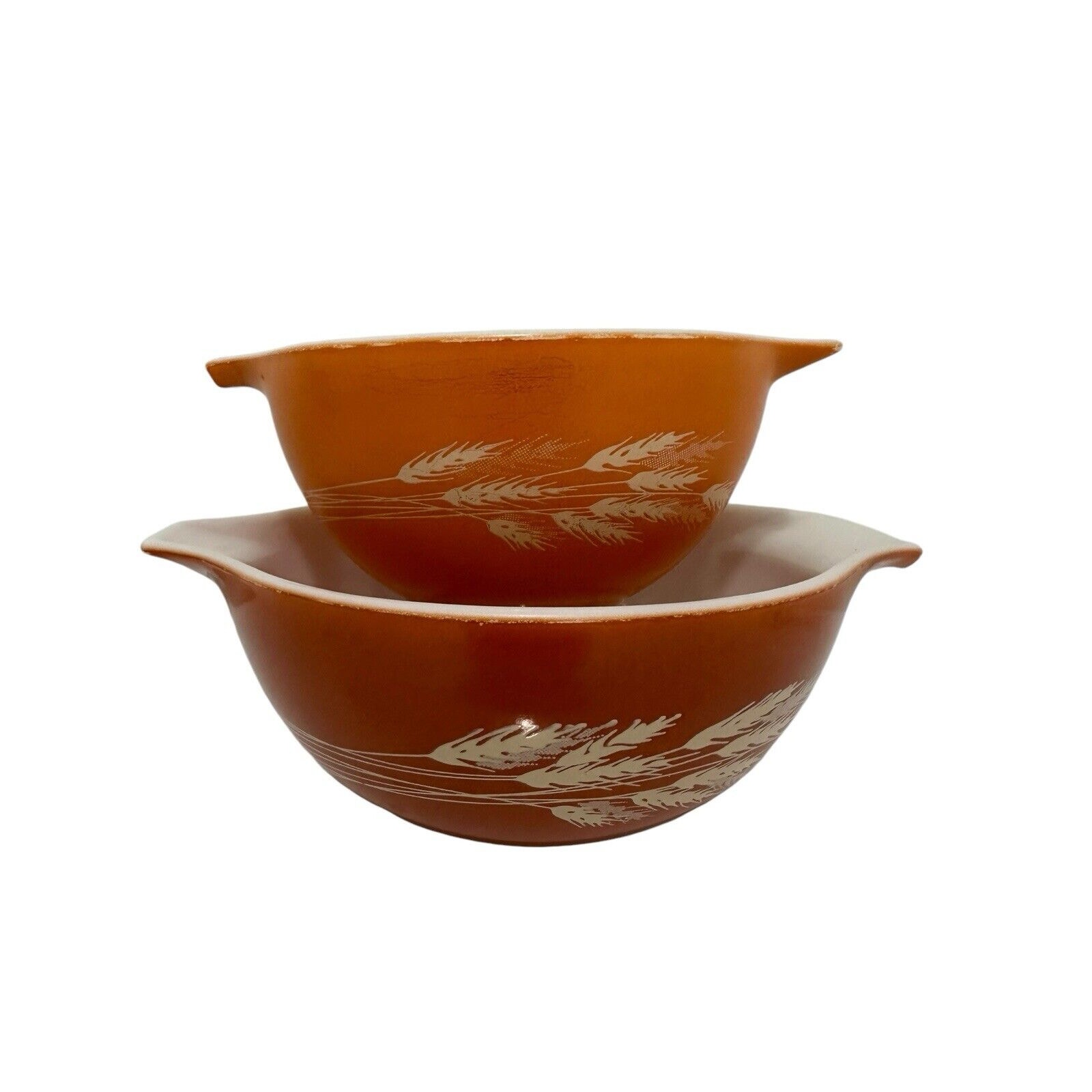 Vintage PYREX Autumn Harvest Wheat Cinderella Nesting Bowls Pair 441 442