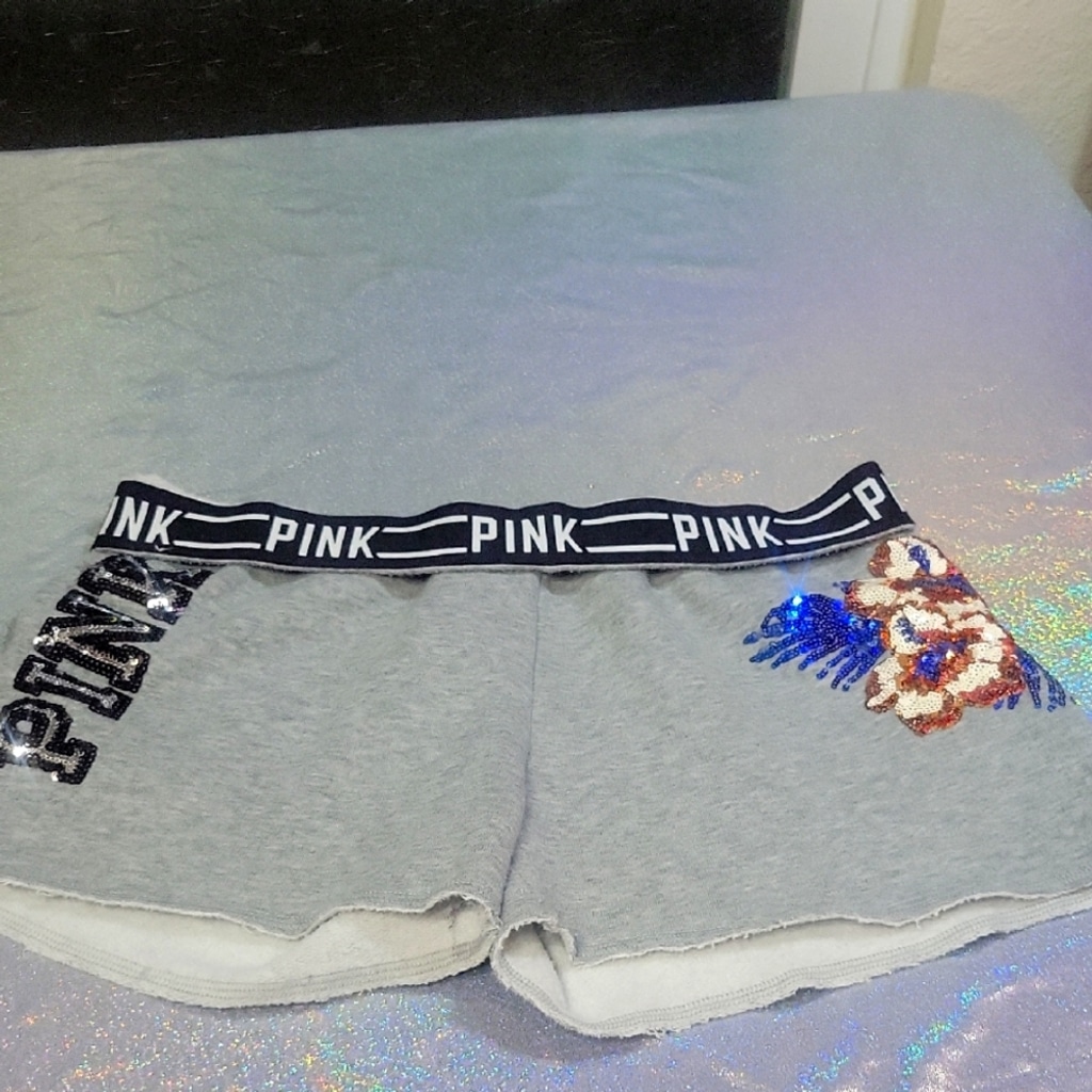 Rare Y2K Vintage VS Pink Grey Shorty Shorts Tropical Mega Bling Fold Over SZ:M