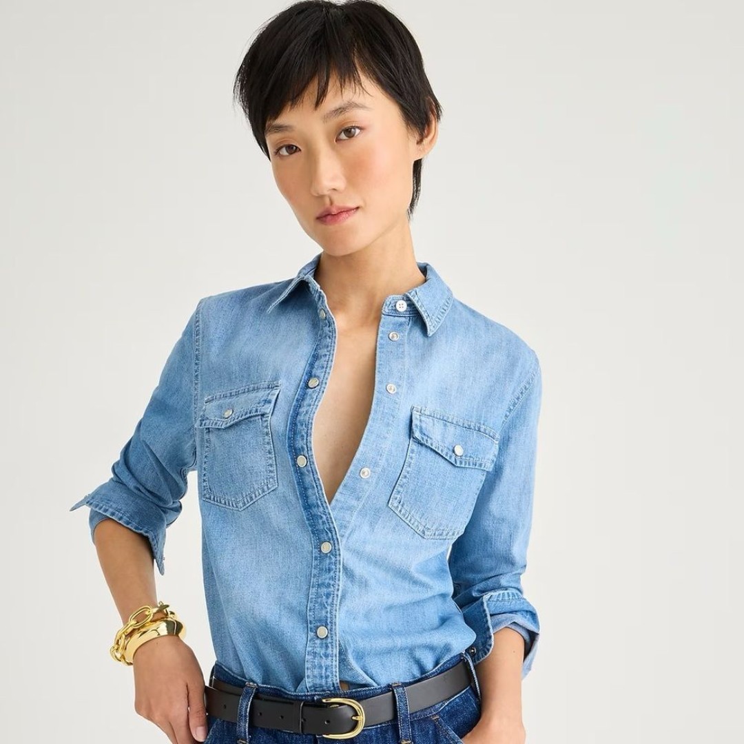 J Crew Petite Wren Slim Western Shirt Size 8P Light Wash Chambray Cowgirl Rodeo