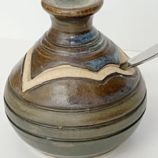 Salt Cellar Dip Glazed Stoneware Pottery Salt Pig w/ Spoon And Lid Signed