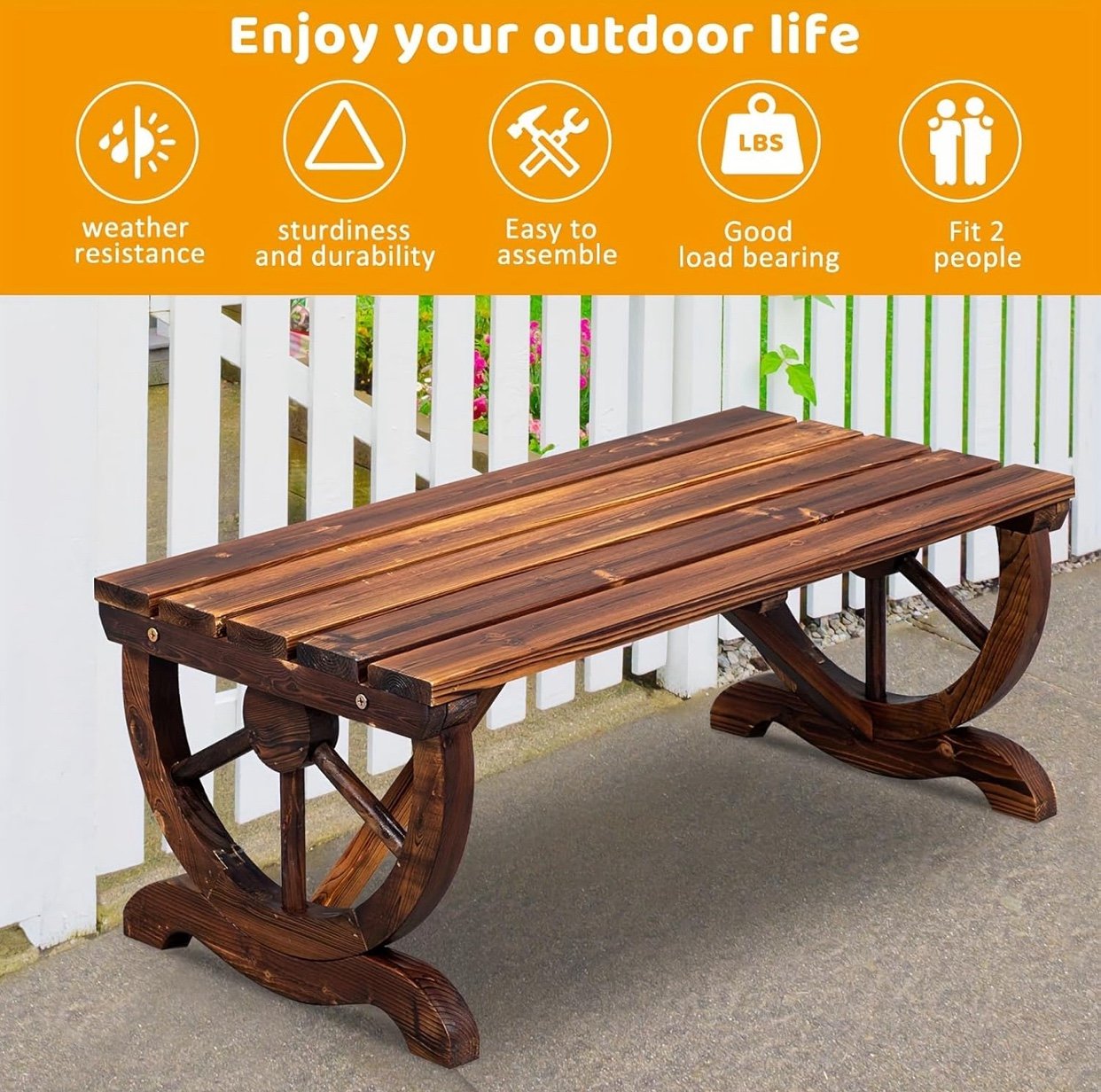 Outdoor Rustic Wooden Bench with Wagon Wheel Legs, People Outdoor Bench Garden