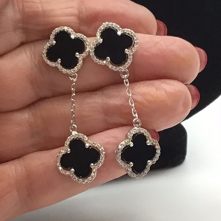 Sterling Silver Earrings MOP Onyx 1 7/8 New