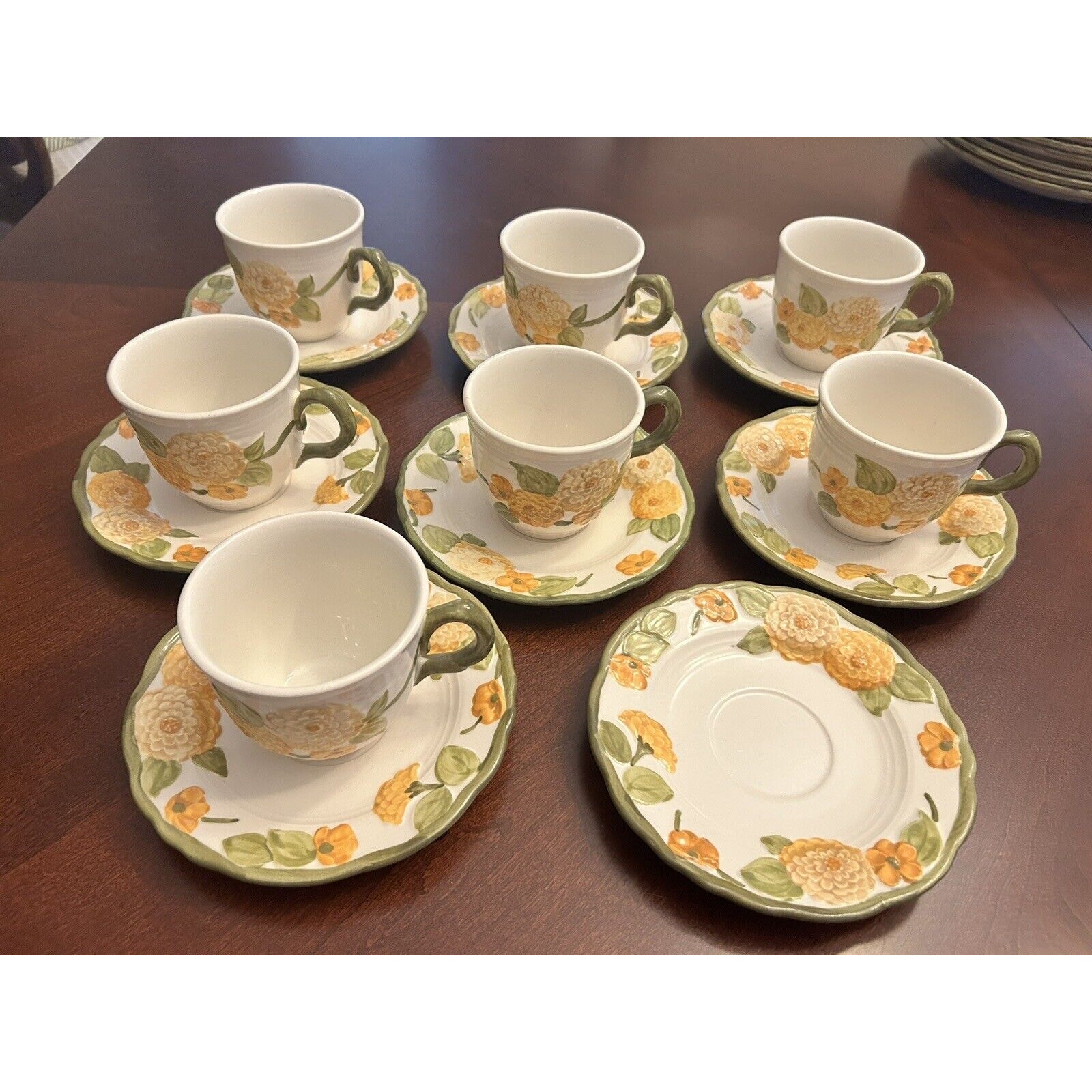 Vintage PoppyTrail Metlox Pottery 7 Coffee Tea Cup Mug Saucer Sculptured Zinnia