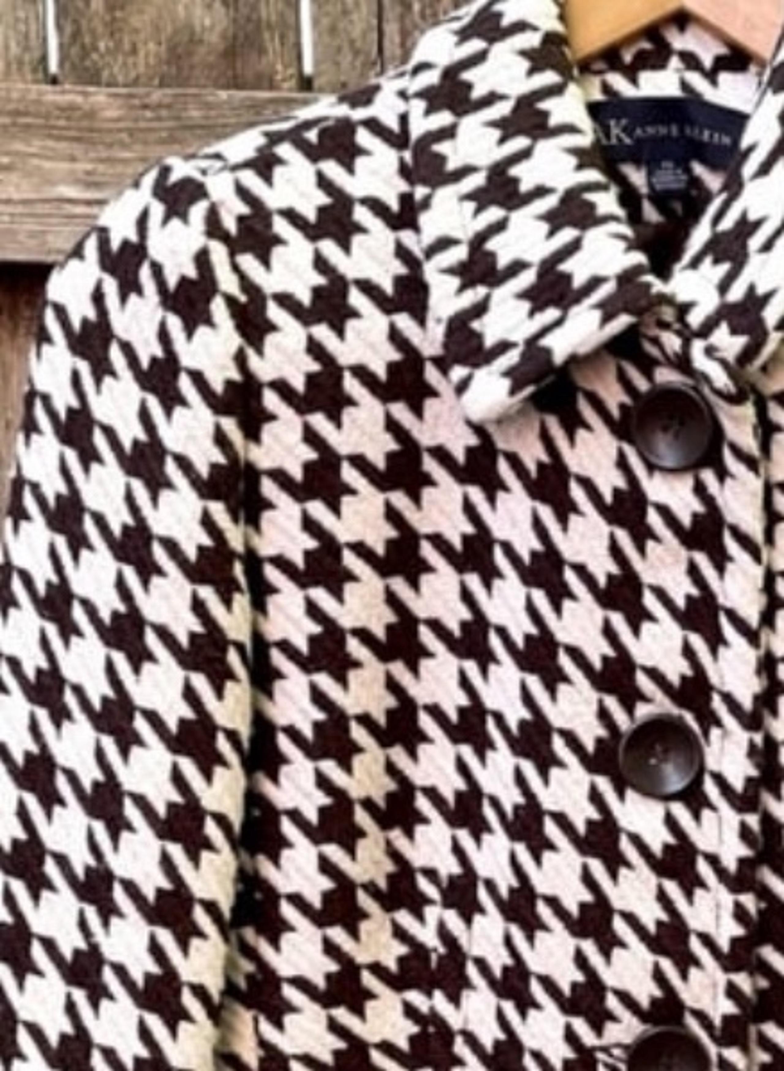 Anne Klein brown & cream white houndstooth plaid wool pea coat Womens PS
