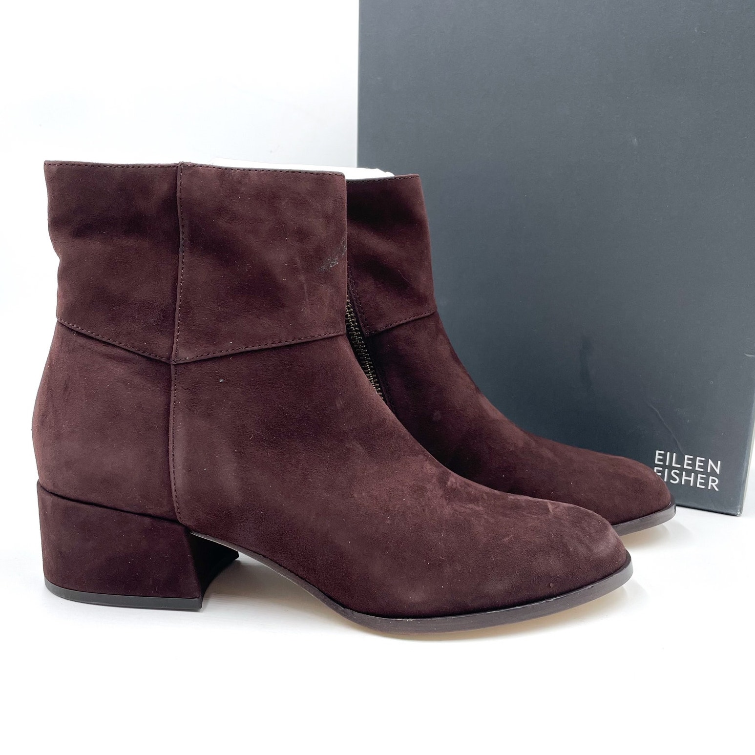 Eileen Fisher Anja Boots Chocolate Brown Suede Block Heel Ankle Sz 10