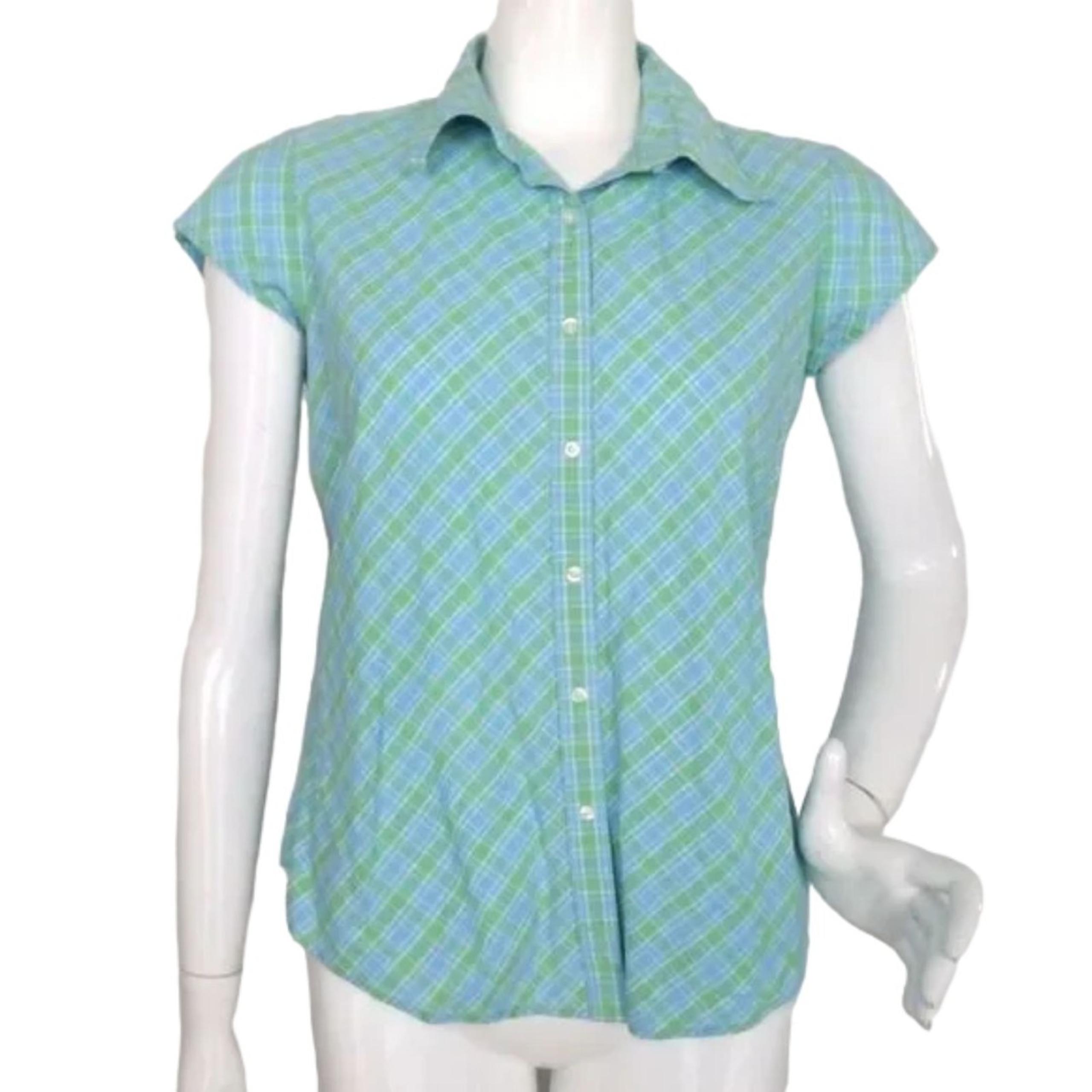 ROCKIES Blouse, L, Blue/Green Plaid, Cap Sleeves,  Button front, Collar, Cotton