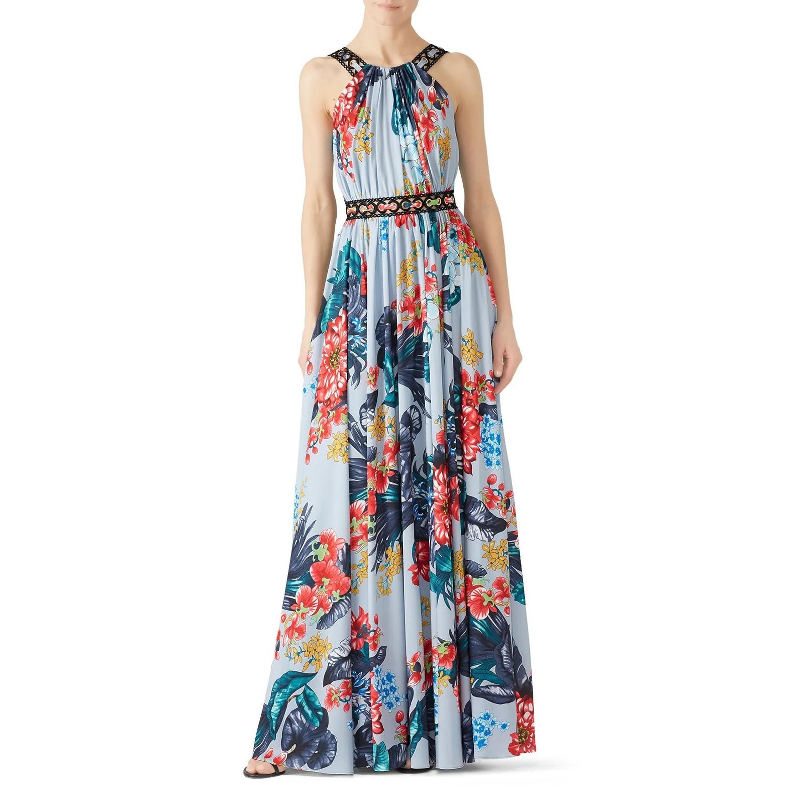 Badgley Mischka Floral Grommet Sleeveless Maxi Dress in Blue – Size 0