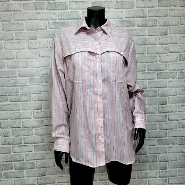 Vintage 80s Lady Balfour Womens M/L Striped Button Front Lightweight Blouse