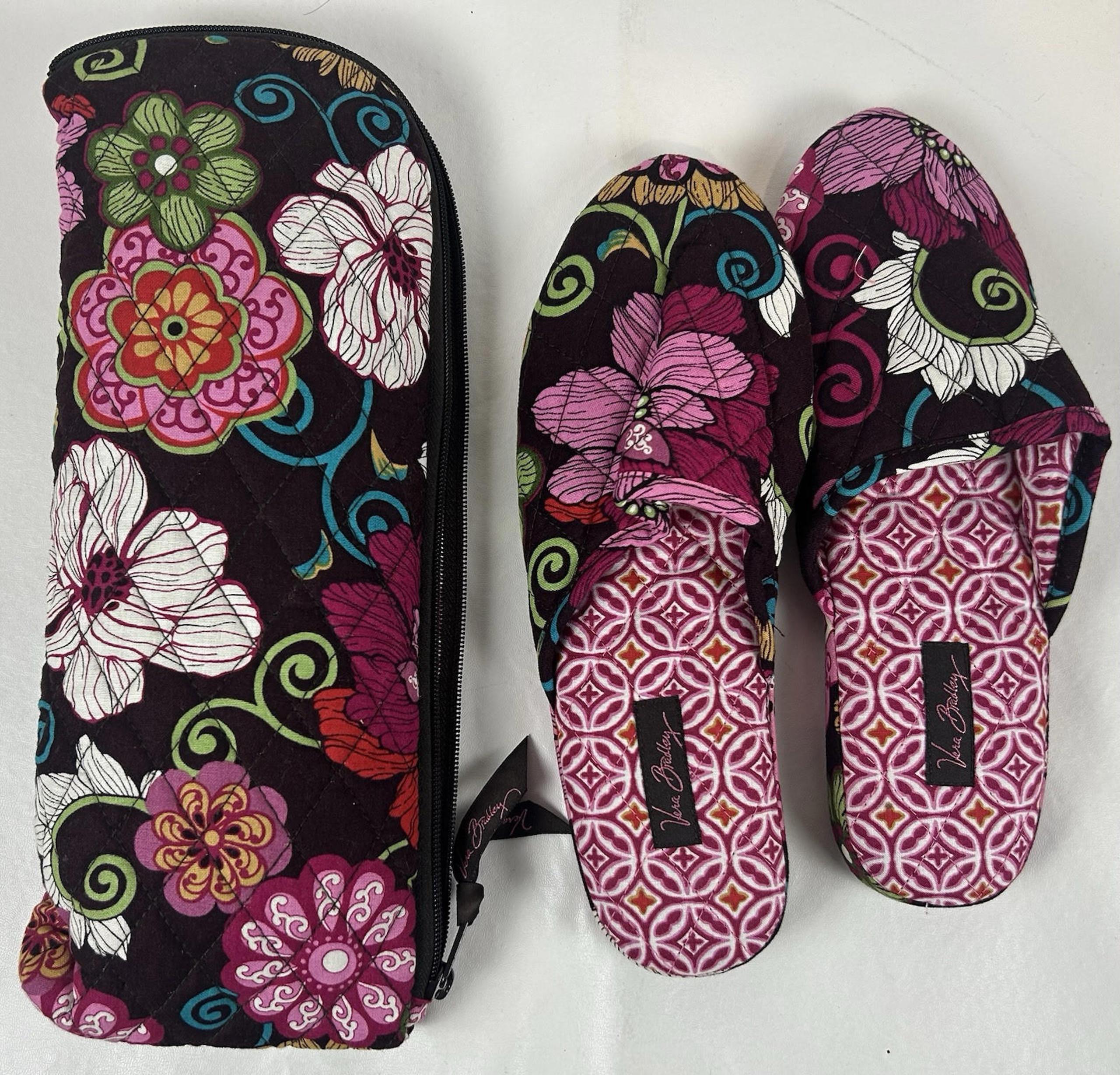 Vera Bradley House Slippers With Pouch Size 5-6 Quilted Floral Pink Brown