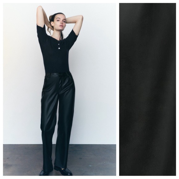 NWT. Zara Black Cropped Faux Leather High-Waist Trousers. Size 4.