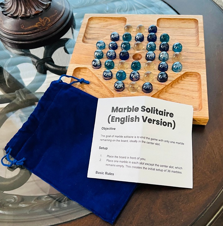 Wood Solitaire Game with Marbles, Handmade