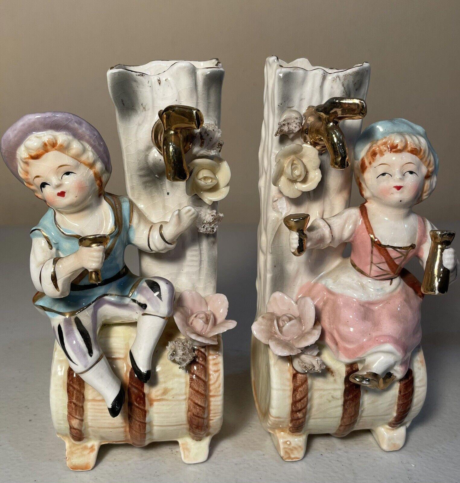 Vintage Pair (2) Male & Female Figures On Barrel Drinking Spill Vase Gold Motif