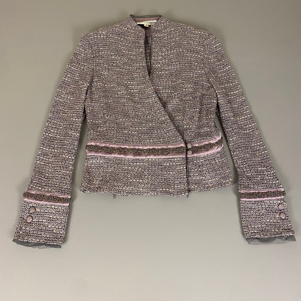 St. John Evening Tweed Blazer Jacket Size 6 Metallic Trim Embellished Elegant