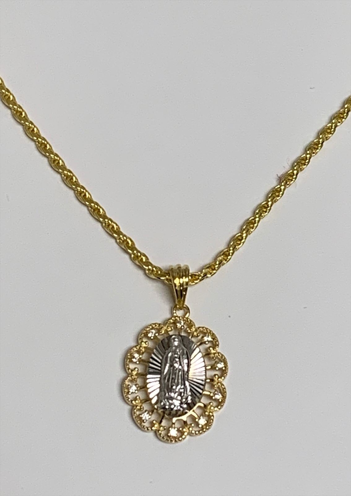 Gold Icy Virgin Mary Pendant & Rope Chain 18