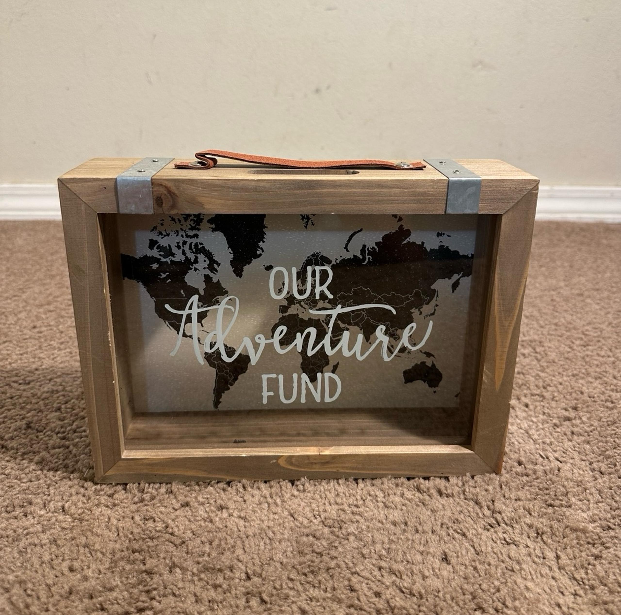 Our Adventure Fund Wood & Glass Piggy Bank Map Shadow Box Coin Money Savings