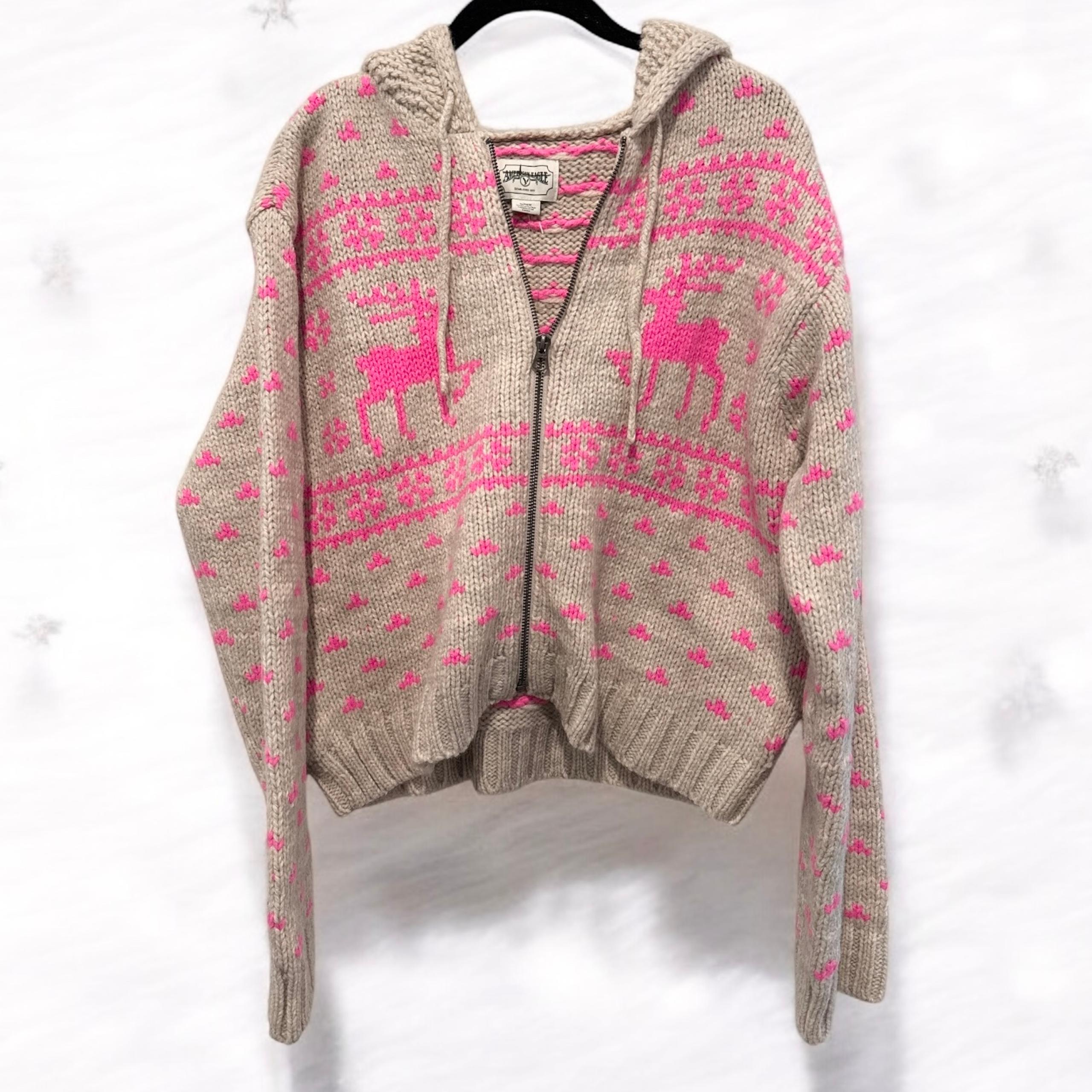 American Eagle pink reindeer zip up hooded sweater jacket women’s size small