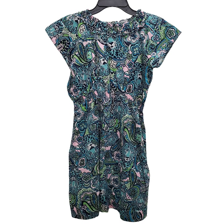 Lilly Pulitzer Girl's Teal Multi Tiger Paisley Print Flutter Sleeve Dress Sz 14