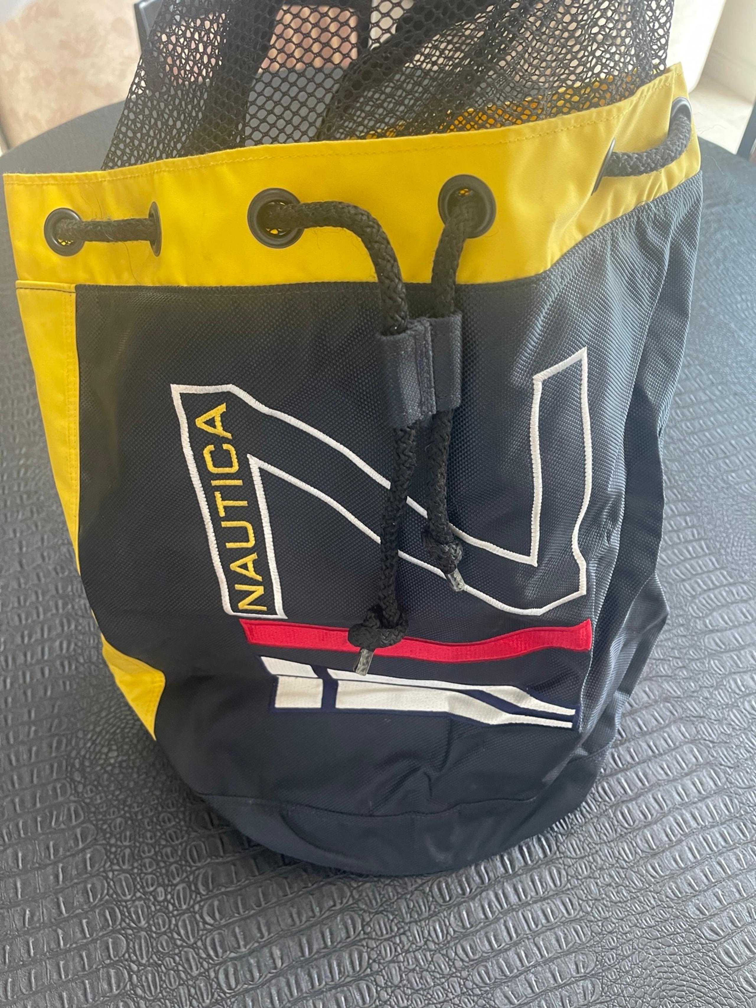 Nautica Black and Yellow Drawstring Bag with Zip on Side