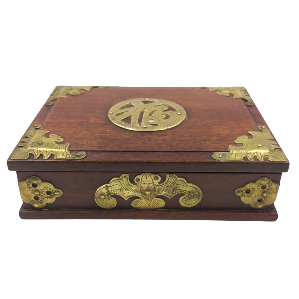 Fine Chinese Redwood Hardwood Trinket Jewelry Box Applied Brass Hardware 6x5