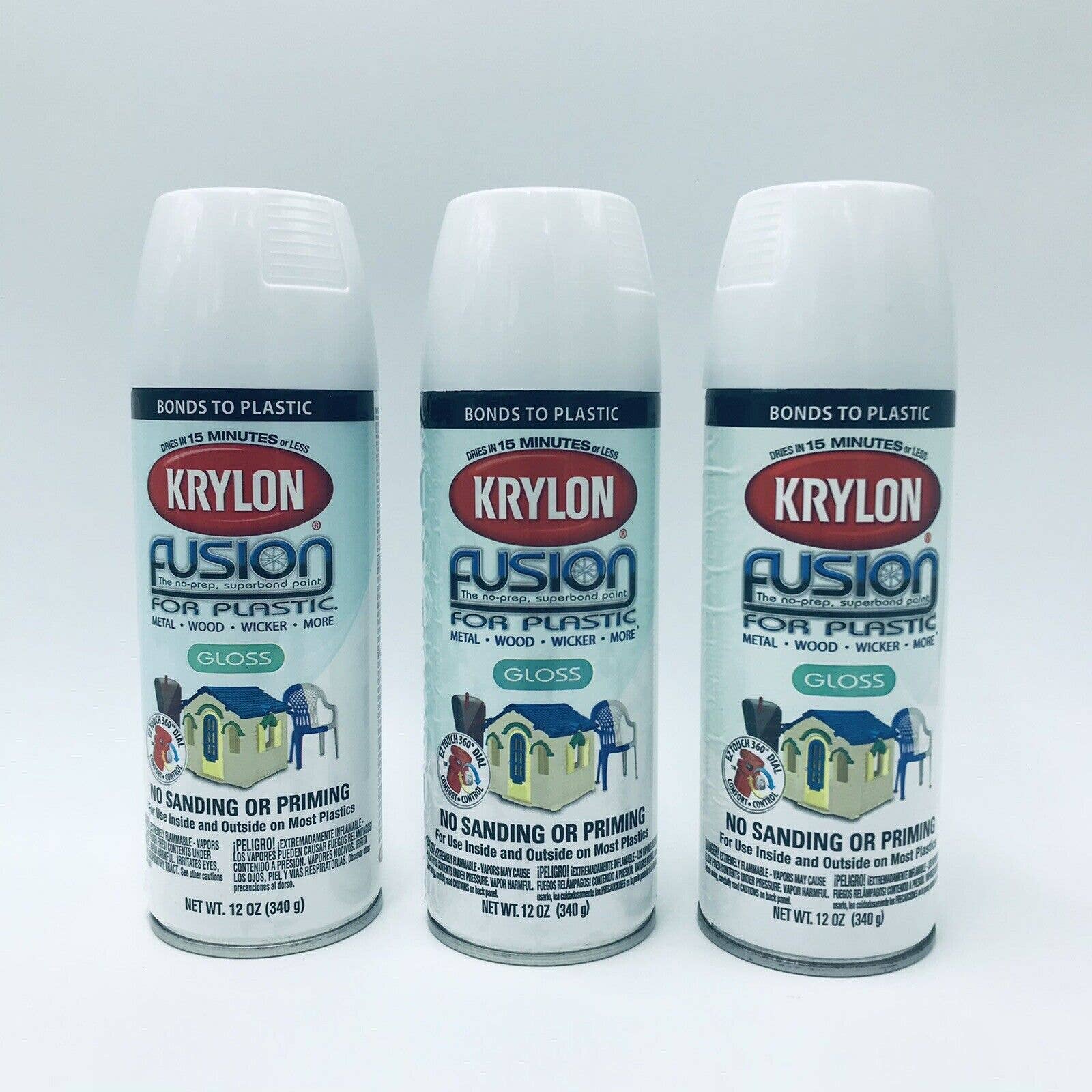 3 Krylon Fusion For Plastic Gloss White Aerosol Spray Paint 12 oz Each