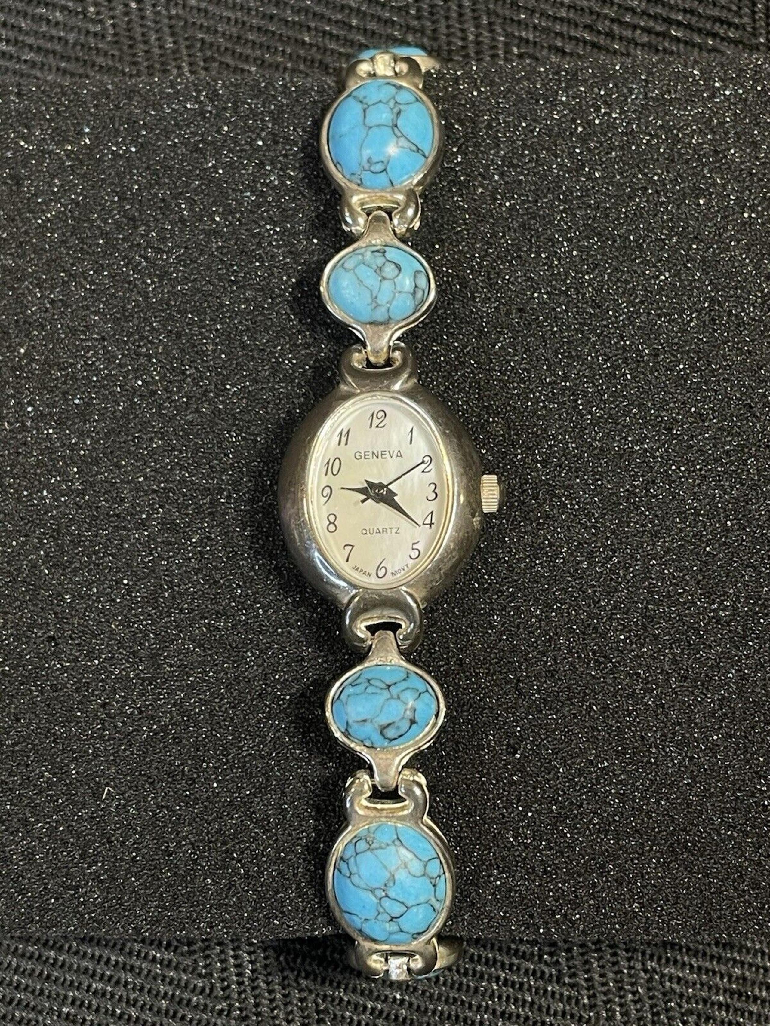 Geneva Ladies Faux Turquoise Quartz Watch Oval Silver Tone Bracelet New Battery